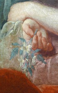 Hand einer jungen Frau, die einen blühenden Zweig hält. Detail des Porträts von Madame Poulhariex und ihrer Tochter, um 1728 von Pierre Subleyras