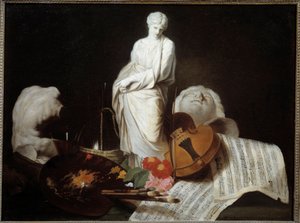 Die Attribute der Künste: Palette des Malers, Geige, Partituren, Skulptur von Pierre Subleyras