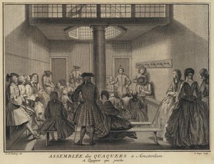 Mann predigt bei einem Treffen der Quäker in Amsterdam, Niederlande (Stich) von Pierre Tanje