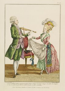 Ein Herr spielt Geige, während eine Dame tanzt, graviert von J. Pelicier von Pierre Thomas Le Clerc