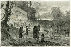 Speerwurfspiele zwischen 2 Stämmen der Zaparros, Männer üben und Frauen reiten ohne Angst um die Spieler herum und servieren ihnen Getränke. Gravur von Vignal, zur Illustration der Geschichte „Amazonas und Kordilleren“ von Pierre Vignal