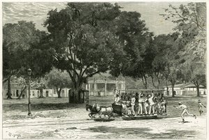 Straßenbahn, gezogen von Pferden, im Hafen von Para (Brasilien), auf dem Largo von Nazareth. Gravur von Vignal, um die Geschichte „Amazonas und Kordilleren“ zu illustrieren.