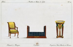 Armlehnsessel, Loveseat und Dreibeintisch, Tafel 211, Illustration aus Collection de meubles et objects de gout von Pierre de La Mesangere