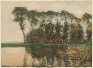 Bauernhof am Wasser, abgeschirmt von neun hohen Bäumen von Piet Mondrian