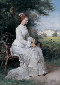 Porträt von Prinzessin Emma von Waldeck-Pyrmont, die auf einer Bank im Park des Palastes Het Loo sitzt
