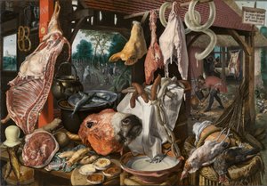 Ein Fleischstand mit der Heiligen Familie, die Almosen gibt von Pieter Aertsen