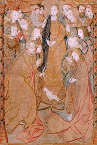 Flämischer Wandteppich. Serie Triumphe der Mutter oder Paños de Oro. Geburt Christi (Nacimiento de Cristo). Dritter Wandteppich in der Serie. Modell Colin de Cooter (?). Herstellung Pieter van Aelst (oder van Edingen), Brüssel. Ca 1500-1502. Stoff Gold, Si