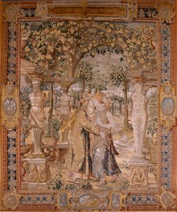 Flämischer Wandteppich. Serie Vertumnus und Pomona. Vertumnus küsst Pomona. Siebter Wandteppich der Serie. Modell Kreis von Pieter Coecke van Aelst. Herstellung Wilhelm Pannemaker, Brüssel. Ca. 1545-1550