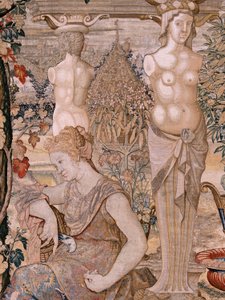 Flämischer Wandteppich. Serie Vertumnus und Pomona. Vertumnus verwandelt in eine alte Frau. Sechster Wandteppich der Serie. Modell Kreis von Pieter Coecke van Aelst. Herstellung Wilhelm Pannemaker, Brüssel. Ca. 1545-1550.