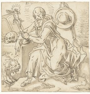 Heiliger Hieronymus, sitzend bei einem Kruzifix, Buch und Schädel von Pieter Aertsen (workshop of)