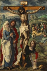 Christus am Kreuz, mit der Grablegung im Hintergrund, ca. 1530