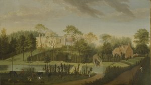 Blick auf die Terrasse über den Kanal zur Seite der Villa, Chiswick Villa