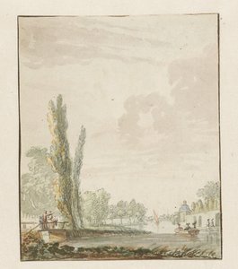 Ansicht entlang eines Flusses mit einem Teepavillon rechts von Pieter Bartholomeusz. Barbiers