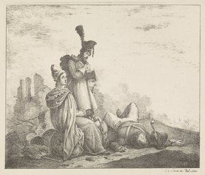 Trauernde Gesellschaft bei totem Soldaten von Pieter Bartholomeusz. Barbiers