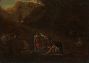 Ein Schäfer und Wäscherinnen an einer Quelle von Pieter Bodding van Laer
