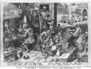 Der Alchemist bei der Arbeit, graviert von Hieronymus Cock (ca. 1510-70)