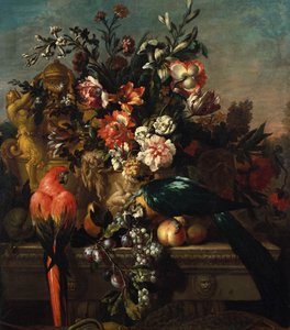 Nelken und andere Blumen mit Papageien auf einem Sockel von Pieter Casteels