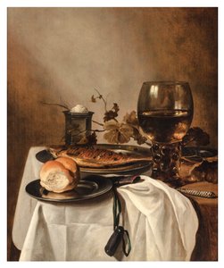 Ein Brötchen, Hering, silberner Salzstreuer, großer Römer und Messer auf einem drapierten Tisch, ca. 1644 von Pieter Claesz