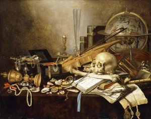 Ein Vanitas-Stillleben mit Musikinstrumenten und Manuskripten, einem umgestürzten vergoldeten Becher, einem Schmuckkästchen, einem Kerzenhalter, einem astrologischen Globus, einer Perlenkette, Juwelen, Muscheln, einem Schädel und einem Oberschenkelknochen 