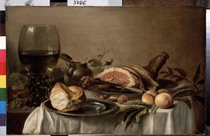 Stillleben mit Frühstück, Schinken, Brot, Pfirsichen und Nüssen