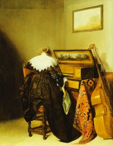 Eine sitzende Dame von hinten vor einem Virginal von Pieter Codde