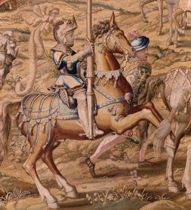 Flämischer Wandteppich. Serie Die Eroberung von Tunis. Truppeninspektion in Barcelona. Zweiter Wandteppich der Serie. Modell Jan Vermeyen und Pieter Coecke van Aelst. 1543-1548. Herstellung Real Fábrica de Tapices de Santa Bárbara, Madrid