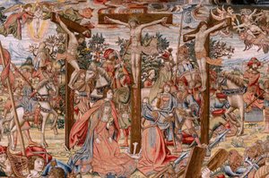 Flämischer Wandteppich. Serie Die Passion Christi. Der Weg nach Golgatha und Begegnung mit Veronika. Erster Wandteppich der von Nationales Erbe aufbewahrten. Modell von Zeichnern aus dem Kreis von Jan van Roome und Bernard van Orley. von Pieter Coecke van Aelst
