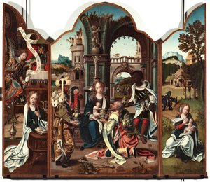 Triptychon der Anbetung der Könige Linkes Panel: Verkündigung - Rechtes Panel: Verkündigung links und Flucht nach Ägypten rechts Gemälde von Pieter Coeck van Aelst (1502-1550) 16. Jahrhundert Genes Musei di Strada Nuova (ehemals Palazzo Bianco) von Pieter Coecke van Aelst