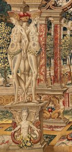Vertumnus und Pomona: Vertumnus verwandelt sich in einen Baumschneider. ca. 1550 (Wandteppich)