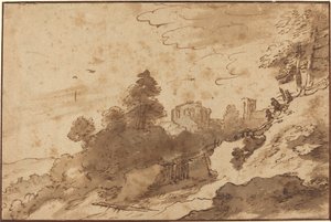 Landschaft mit Brücke und Ruinen im Hintergrund