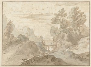Berglandschaft mit zwei Figuren auf einer schmalen Brücke von Pieter Dircksz van Santvoort (possibly)