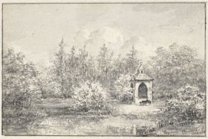 Ansicht im Park von Leiduin, mit Häuschen zwischen den Bäumen von Pieter Ernst Hendrik Praetorius