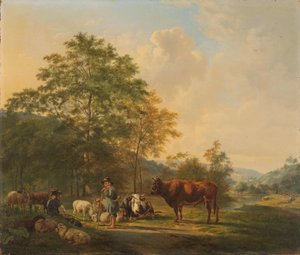 Hügelige Landschaft mit Schäfer, Treiber und Vieh