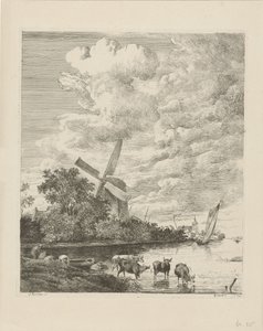 Flusslandschaft mit Mühle und Kühen im Wasser von Pieter Gerardus van Os