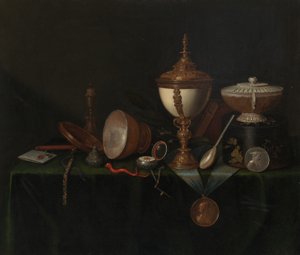 Stillleben mit Straußeneibecher und den Whitfield-Erbstücken, ca. 1670 von Pieter Gerritsz van Roestraeten