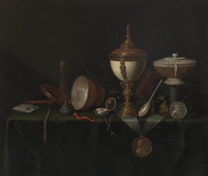 Stillleben mit Straußeneibecher und den Whitfield-Erbstücken, ca. 1670