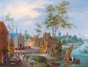 Ein flämisches Dorf mit Flussblick von Peeter Gijsels
