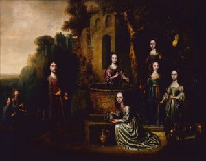 Gruppenporträt eines Herrn und einer Dame mit vier Damen im Gefolge