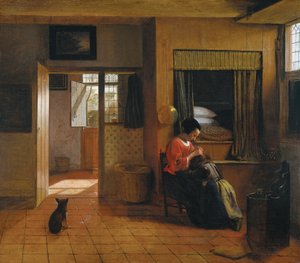 Innenraum mit einer Mutter, die das Haar ihres Kindes entlaust, Die Pflicht einer Mutter, 1659-1660 von Pieter Hooch de