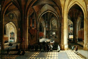 Das Innere einer gotischen Kathedrale mit einer Prozession