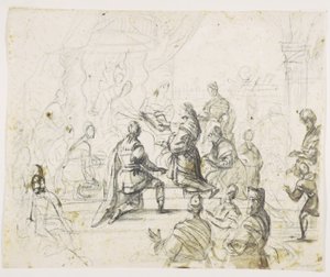 Figuren knien vor einem König auf dem Thron