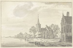 Dorfkirche und Häuser an einem Fluss von Pieter Jan van Liender