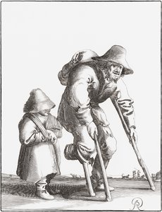 Verkrüppelter Bettler mit Kind