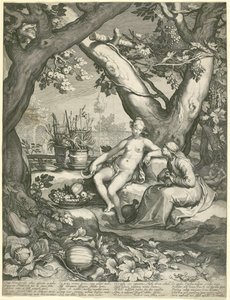 Vertumnus leiht sich die Gestalt einer alten Frau, um Pomonas Liebe zu gewinnen, 1605 (Kupferstich auf Büttenpapier) von Pieter Janszoon Saenredam