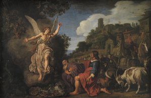 Der Engel Raphael verabschiedet sich von dem alten Tobit und seinem Sohn Tobias von Pieter Lastman