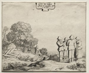 Landschaft mit vier Bauern im Gespräch