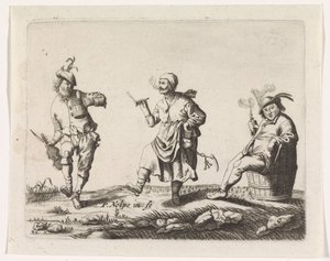 Tanzender Bauer und Bäuerin und ein Mann auf einem Fass von Pieter Nolpe