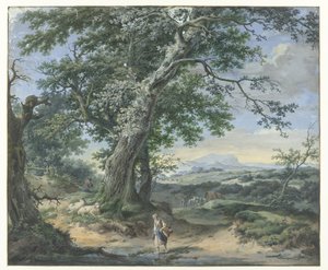 Hügelige Landschaft mit schweren Bäumen und menschlicher Staffage