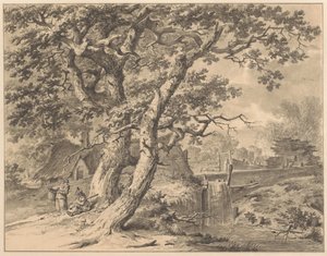 Landschaft mit kleinem Wasserfall unter zwei großen Bäumen von Pieter Pietersz. Barbiers