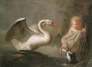 Ein Schwan bewacht sein Nest vor einem Kind und einem Spaniel von Pieter Snyers